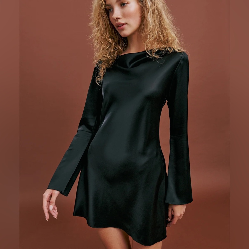 Reformation Pike Satin Black Long Sleeve Dress XS NWT